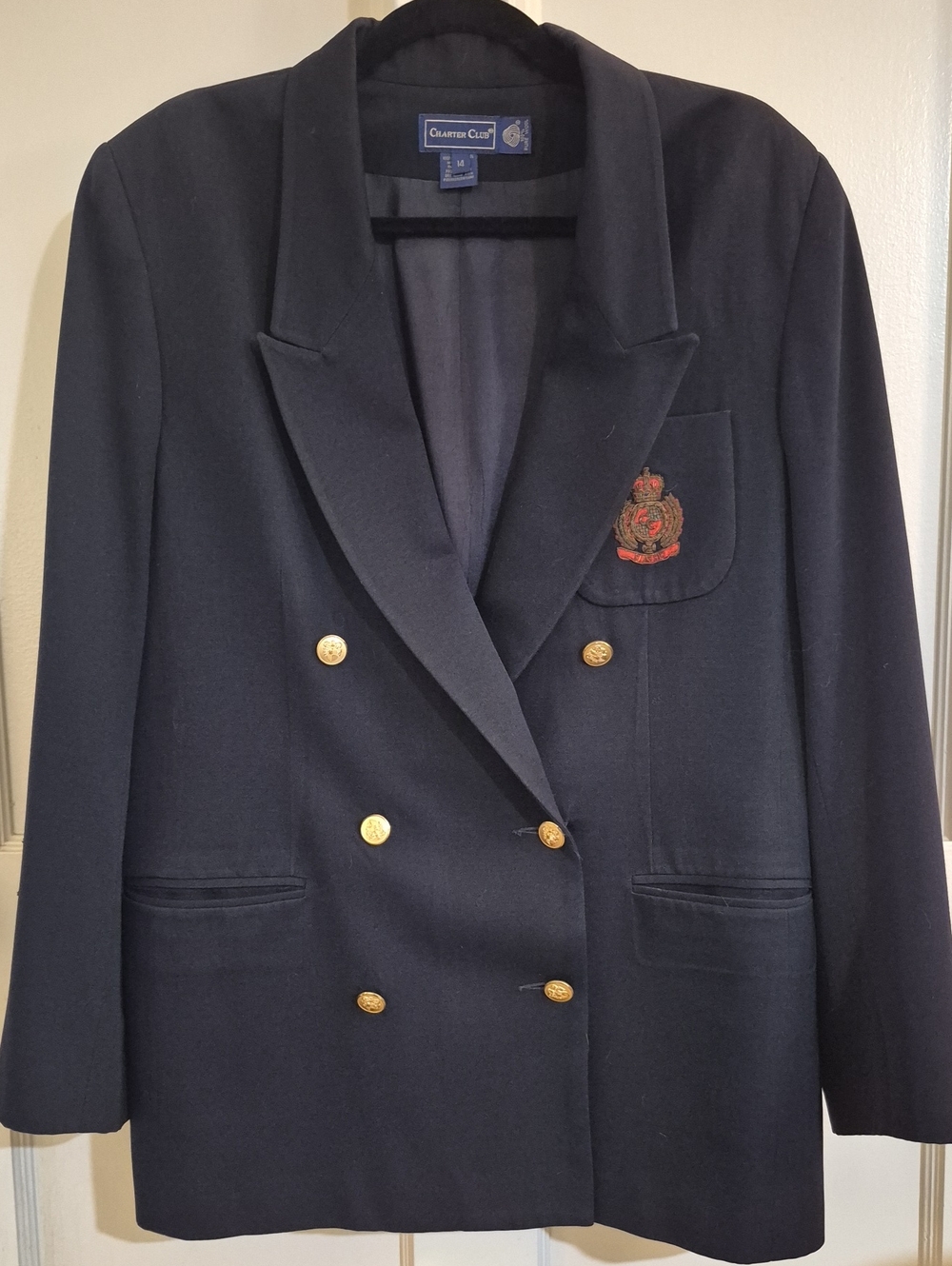 Charter Club Navy Double-Breasted Blazer with Gold Buttons and Crest Patch